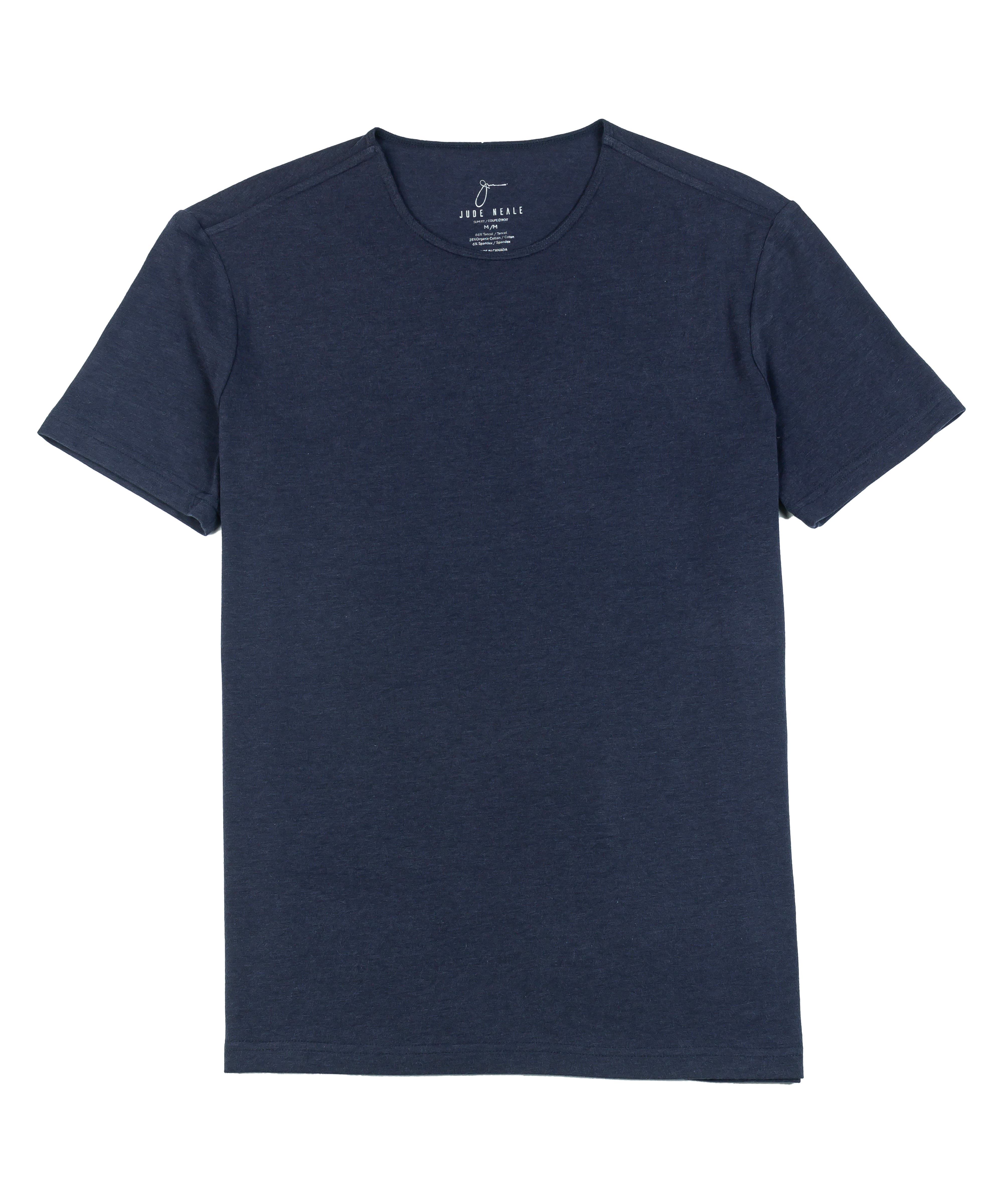 Bolt Slim Fit Luxury Short Sleeve T-Shirt in Navy flat lay, crafted from a sustainable blend of Lyocell and organic cotton, featuring a minimalist design and premium fabric.