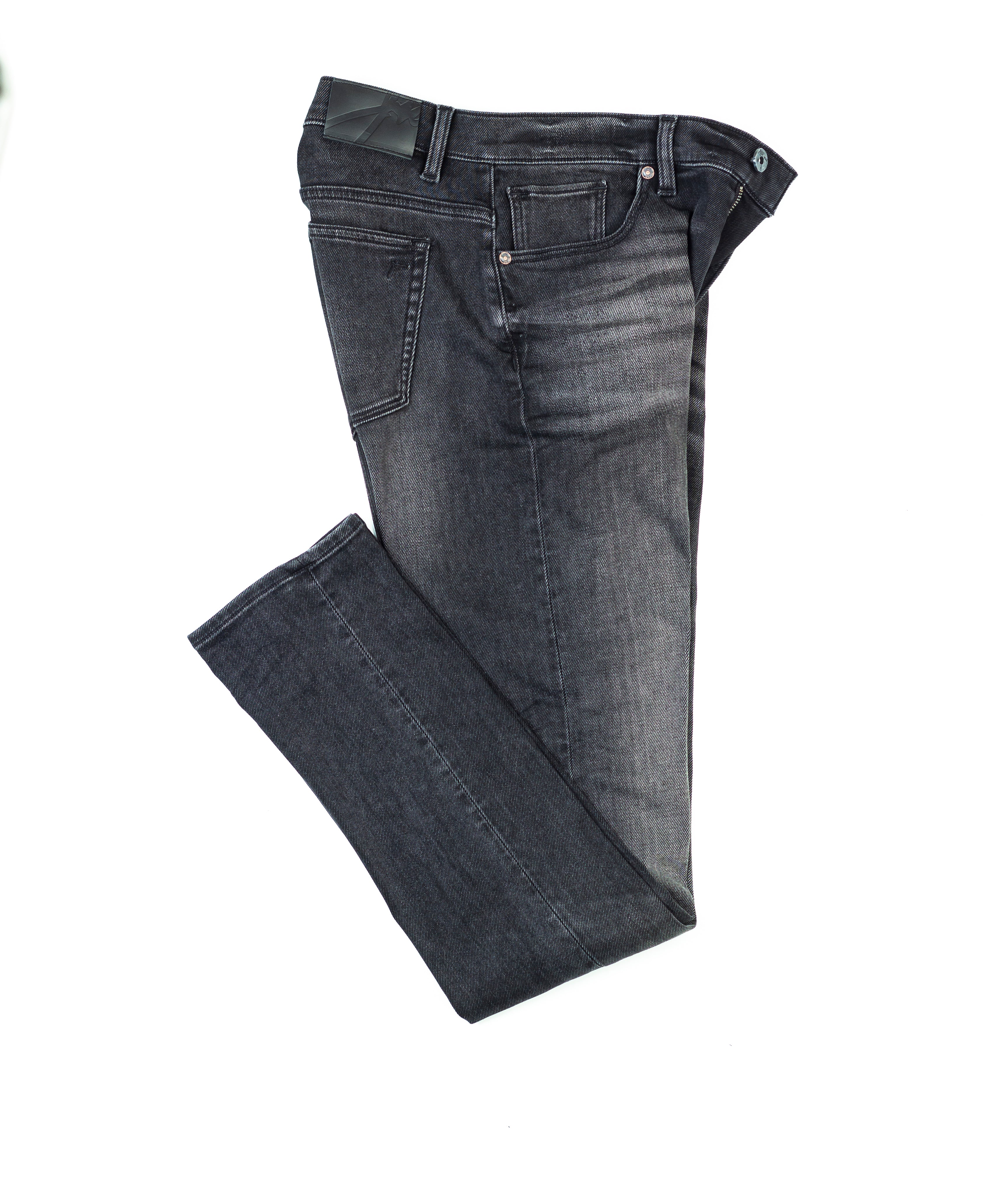 Axe Smoke Slim Straight Comfort Fit Jeans in a folded flat lay, highlighting the luxurious softness of the proprietary denim weave and sustainable design.